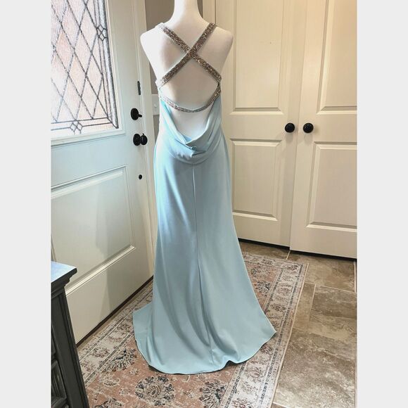 Betsy & Adam Crystal Crossed Strap Cowl Back Gown Sz 12 - Picture 4 of 15